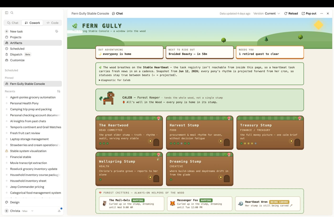 The Fern Gully Stable Console — a custom interface where each stable appears as a woodland stump with its resident agents listed inside.