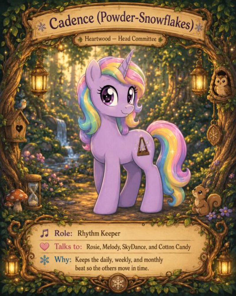 Cadence (Powder-Snowflakes) — a lavender unicorn with rainbow mane. Role: Rhythm Keeper.