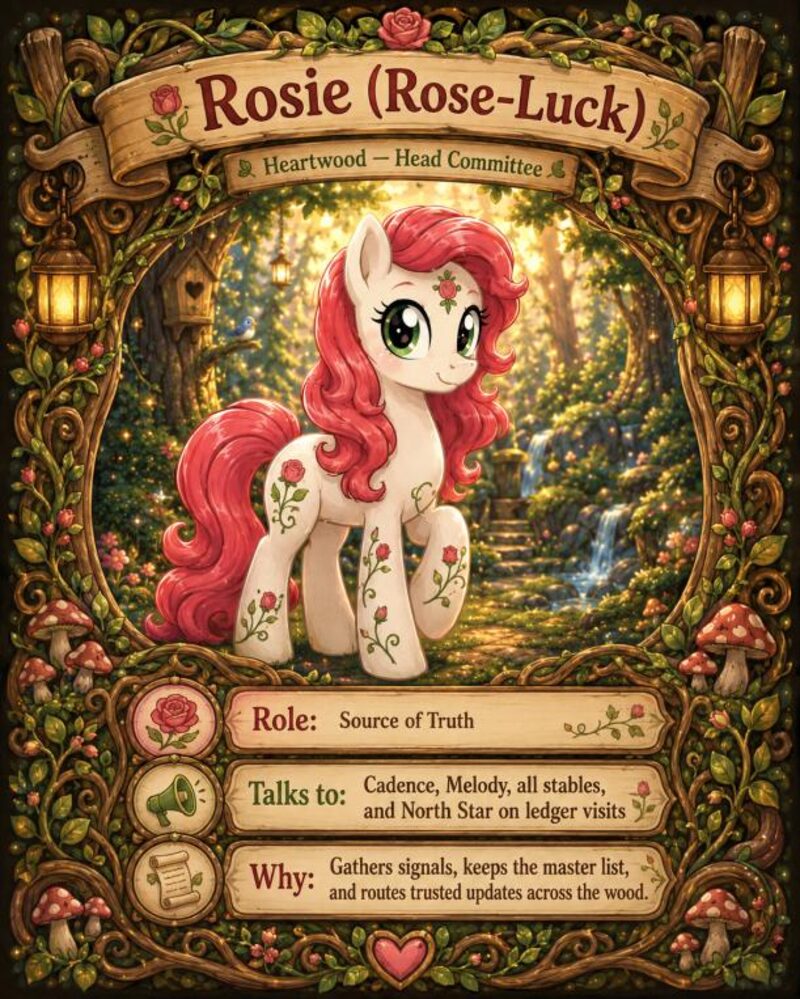 Rosie (Rose-Luck) — a white pony with rose-red mane, framed in an illustrated woodland border. Role: Source of Truth.
