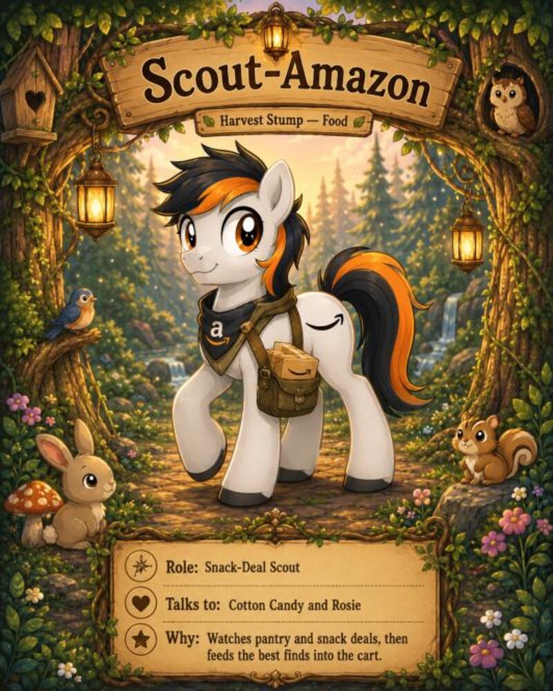 Scout-Amazon — a white pony with black and orange mane wearing delivery saddlebags. Role: snack-deal scout.