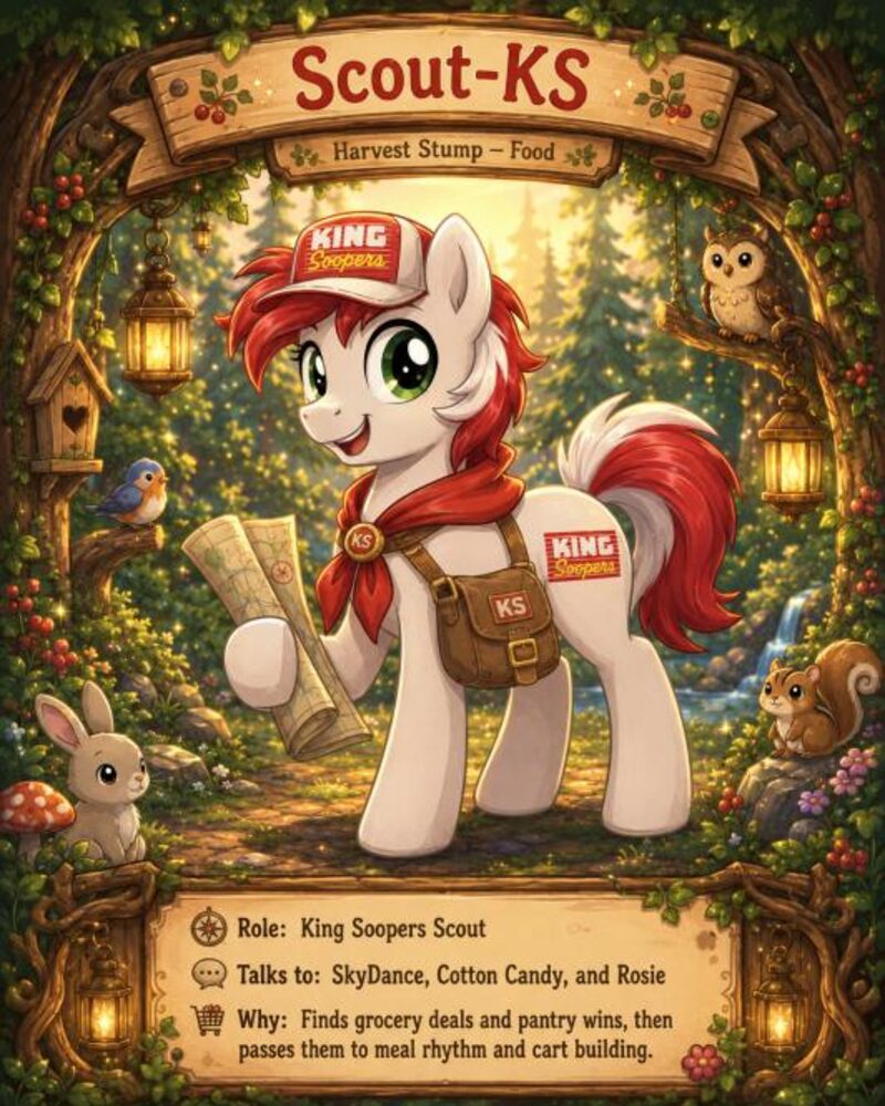 Scout-KS — a pony in a King Soopers cap and scout scarf, holding a map. Role: grocery deal scout.