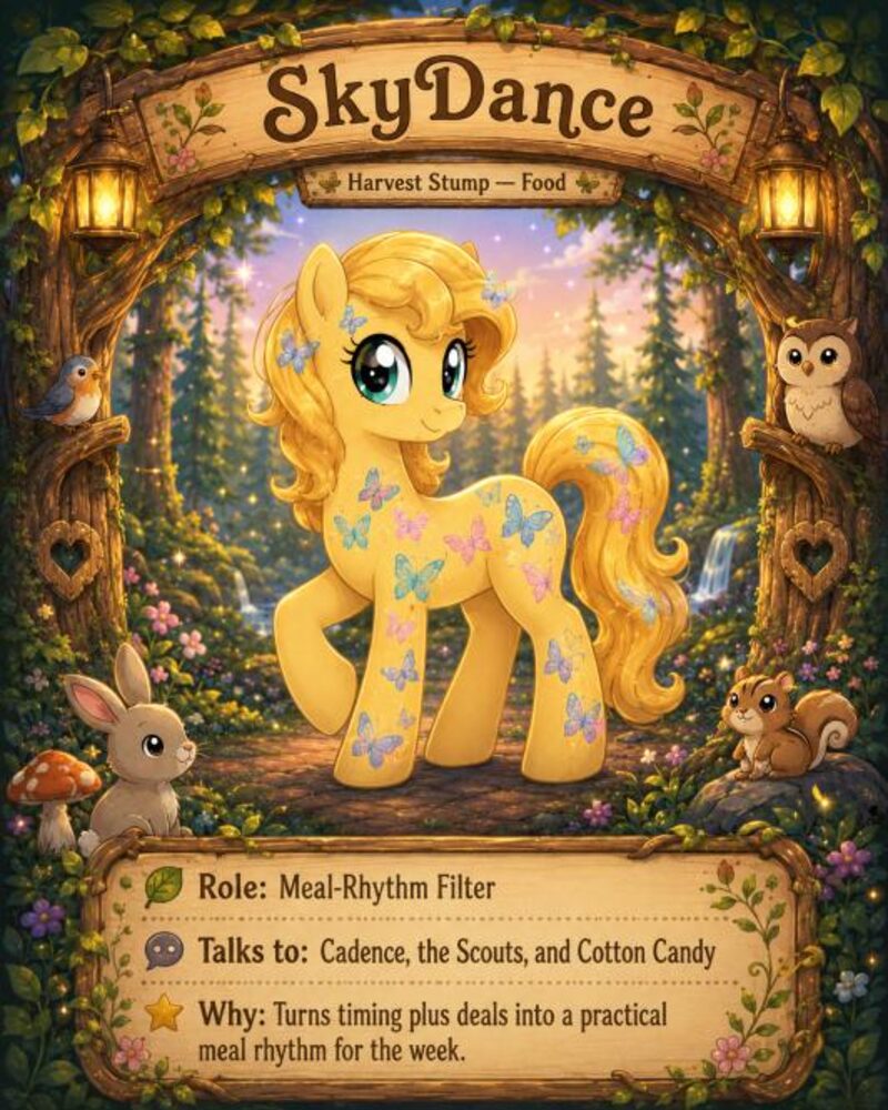 SkyDance — a golden pony with butterfly markings. Role: Meal-Rhythm Filter.