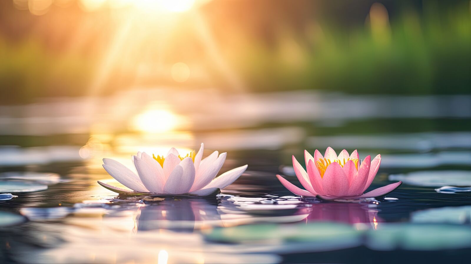 Water lilies resting on a calm pond at golden hour